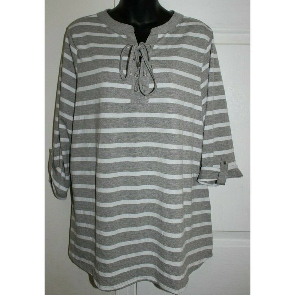 Avenue 18/20 Stripe Knit Top Roll Tab 2x Tie Neck